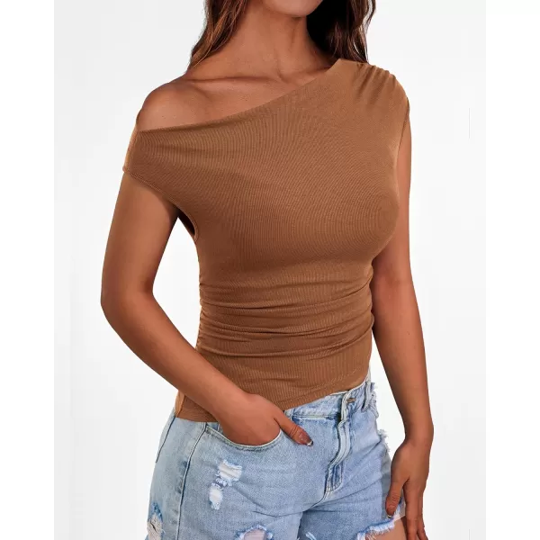 imageBTFBM Women Off The Shoulder Tops Casual Summer Boat Neck Sleeveless Ruched Ribbed Shirt Slim Fitted Y2K Going Out TopSolid Brown