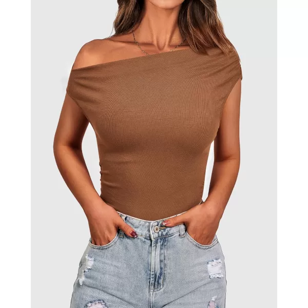 imageBTFBM Women Off The Shoulder Tops Casual Summer Boat Neck Sleeveless Ruched Ribbed Shirt Slim Fitted Y2K Going Out TopSolid Brown