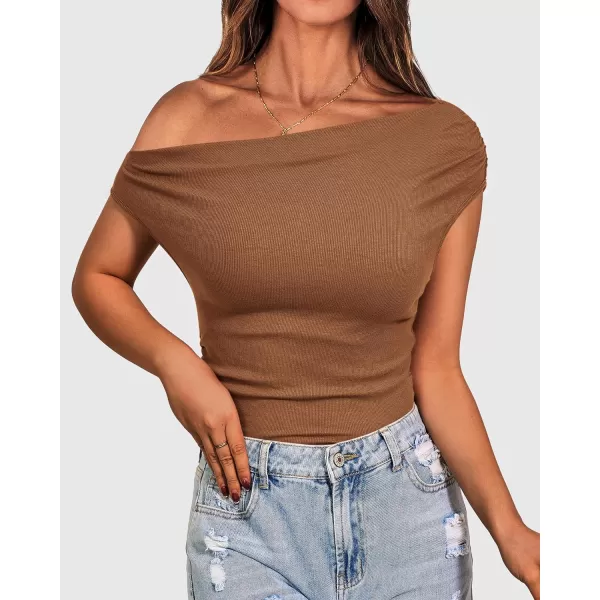 imageBTFBM Women Off The Shoulder Tops Casual Summer Boat Neck Sleeveless Ruched Ribbed Shirt Slim Fitted Y2K Going Out TopSolid Brown