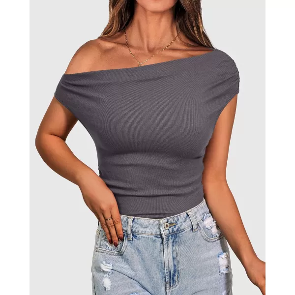 imageBTFBM Women Off The Shoulder Tops Casual Summer Boat Neck Sleeveless Ruched Ribbed Shirt Slim Fitted Y2K Going Out TopSolid Dark Grey