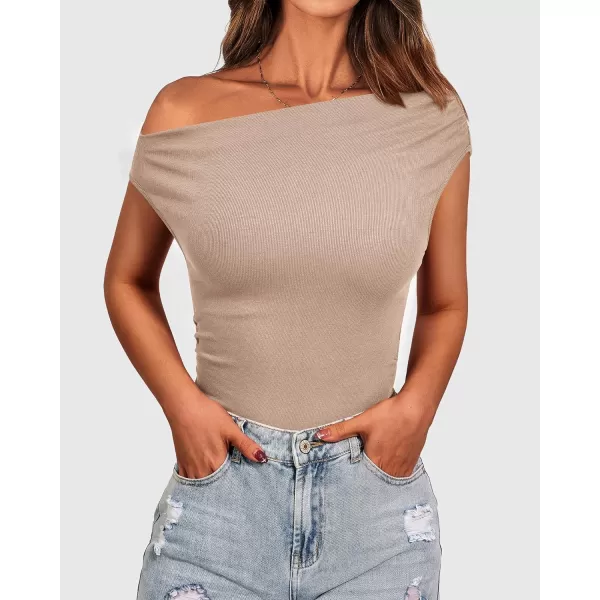 imageBTFBM Women Off The Shoulder Tops Casual Summer Boat Neck Sleeveless Ruched Ribbed Shirt Slim Fitted Y2K Going Out TopSolid Khaki
