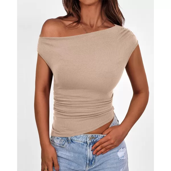 imageBTFBM Women Off The Shoulder Tops Casual Summer Boat Neck Sleeveless Ruched Ribbed Shirt Slim Fitted Y2K Going Out TopSolid Khaki