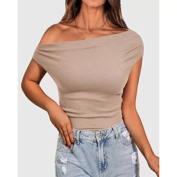 imageBTFBM Women Off The Shoulder Tops Casual Summer Boat Neck Sleeveless Ruched Ribbed Shirt Slim Fitted Y2K Going Out TopSolid Khaki