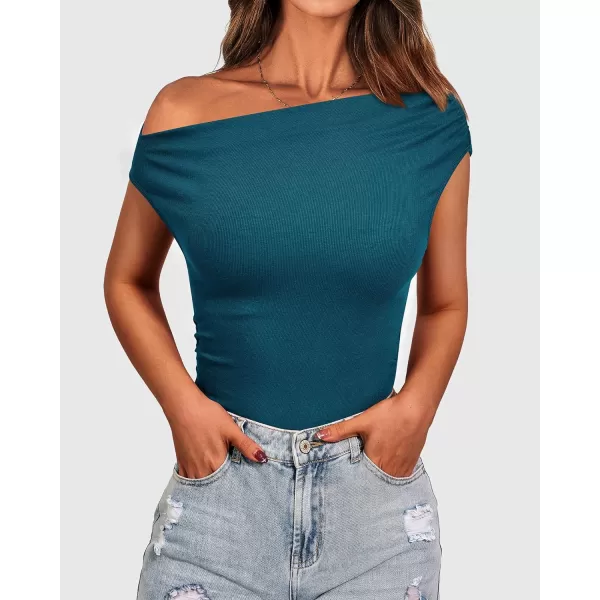 imageBTFBM Women Off The Shoulder Tops Casual Summer Boat Neck Sleeveless Ruched Ribbed Shirt Slim Fitted Y2K Going Out TopSolid Lake Blue