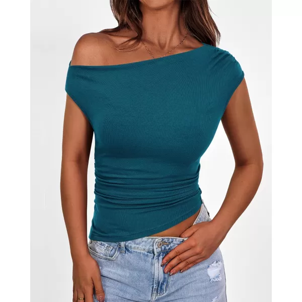 imageBTFBM Women Off The Shoulder Tops Casual Summer Boat Neck Sleeveless Ruched Ribbed Shirt Slim Fitted Y2K Going Out TopSolid Lake Blue