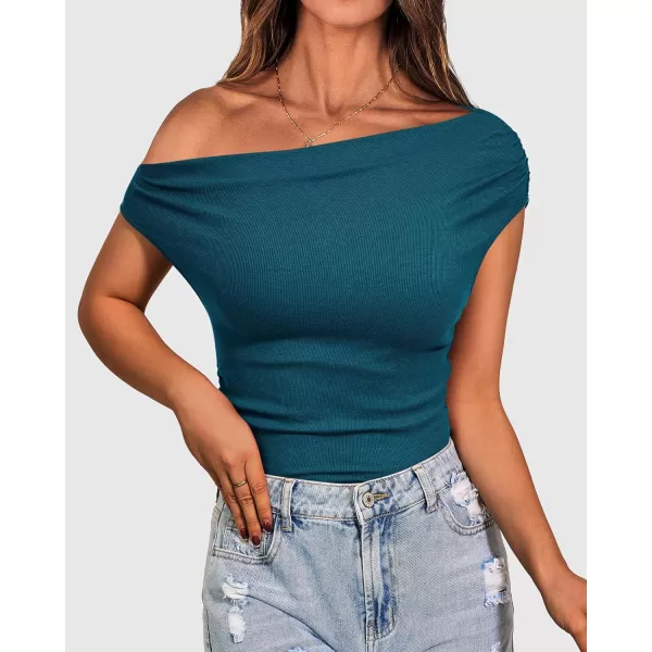 imageBTFBM Women Off The Shoulder Tops Casual Summer Boat Neck Sleeveless Ruched Ribbed Shirt Slim Fitted Y2K Going Out TopSolid Lake Blue