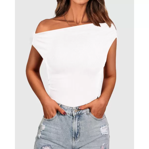 imageBTFBM Women Off The Shoulder Tops Casual Summer Boat Neck Sleeveless Ruched Ribbed Shirt Slim Fitted Y2K Going Out TopSolid White