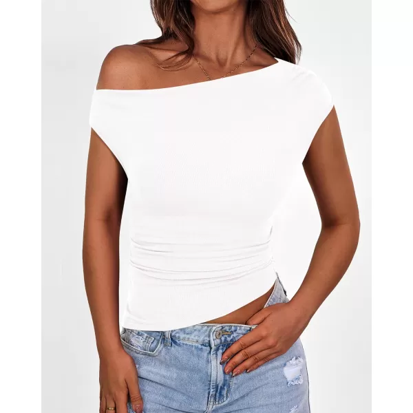imageBTFBM Women Off The Shoulder Tops Casual Summer Boat Neck Sleeveless Ruched Ribbed Shirt Slim Fitted Y2K Going Out TopSolid White
