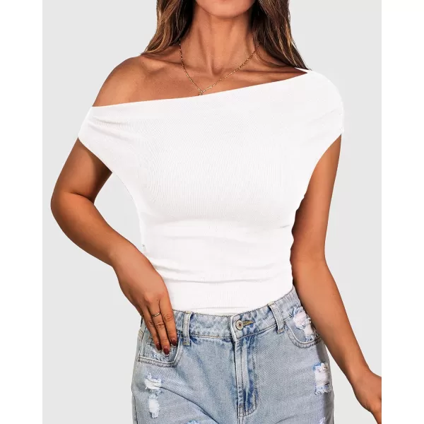 imageBTFBM Women Off The Shoulder Tops Casual Summer Boat Neck Sleeveless Ruched Ribbed Shirt Slim Fitted Y2K Going Out TopSolid White