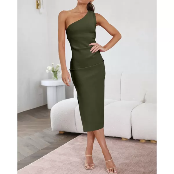 imageBTFBM Women One Shoulder Bodycon Dress 2023 Spring Summer Sleeveless Slit Midi Party Cocktail Wedding Guest Prom DressesSolid Army Green