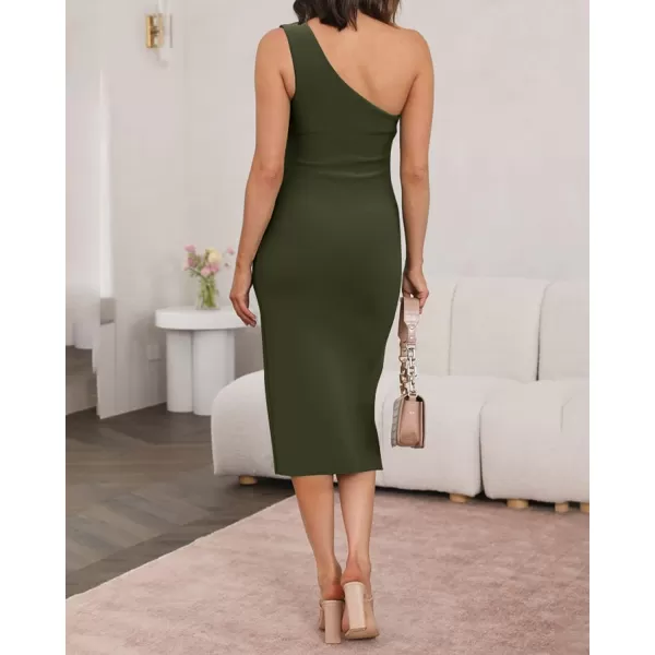 imageBTFBM Women One Shoulder Bodycon Dress 2023 Spring Summer Sleeveless Slit Midi Party Cocktail Wedding Guest Prom DressesSolid Army Green