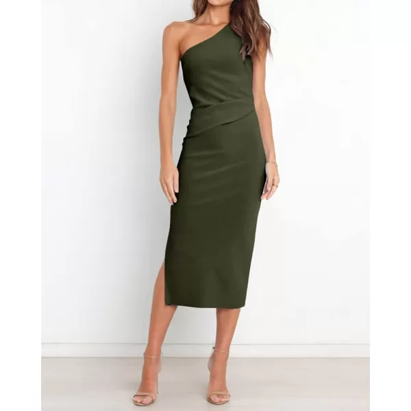 imageBTFBM Women One Shoulder Bodycon Dress 2023 Spring Summer Sleeveless Slit Midi Party Cocktail Wedding Guest Prom DressesSolid Army Green