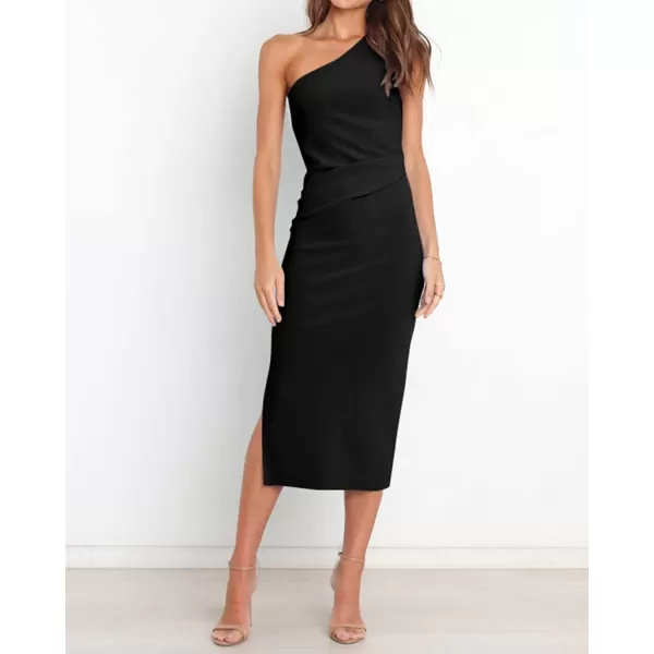 imageBTFBM Women One Shoulder Bodycon Dress 2023 Spring Summer Sleeveless Slit Midi Party Cocktail Wedding Guest Prom DressesSolid Black
