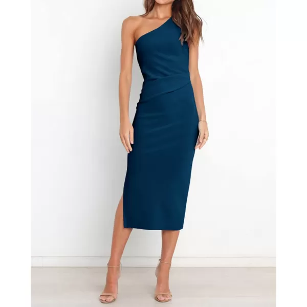 imageBTFBM Women One Shoulder Bodycon Dress 2023 Spring Summer Sleeveless Slit Midi Party Cocktail Wedding Guest Prom DressesSolid Dark Blue
