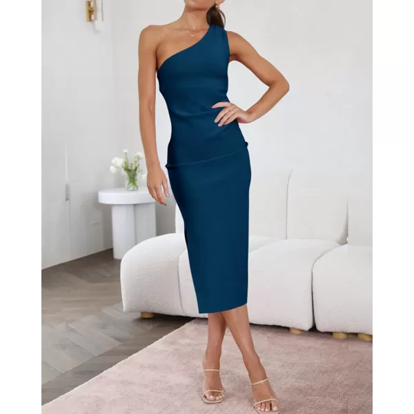 imageBTFBM Women One Shoulder Bodycon Dress 2023 Spring Summer Sleeveless Slit Midi Party Cocktail Wedding Guest Prom DressesSolid Dark Blue