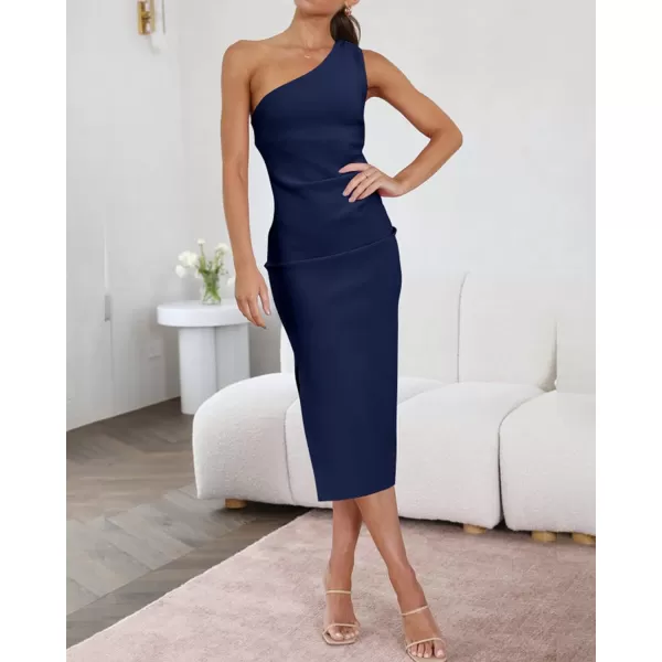 imageBTFBM Women One Shoulder Bodycon Dress 2023 Spring Summer Sleeveless Slit Midi Party Cocktail Wedding Guest Prom DressesSolid Navy