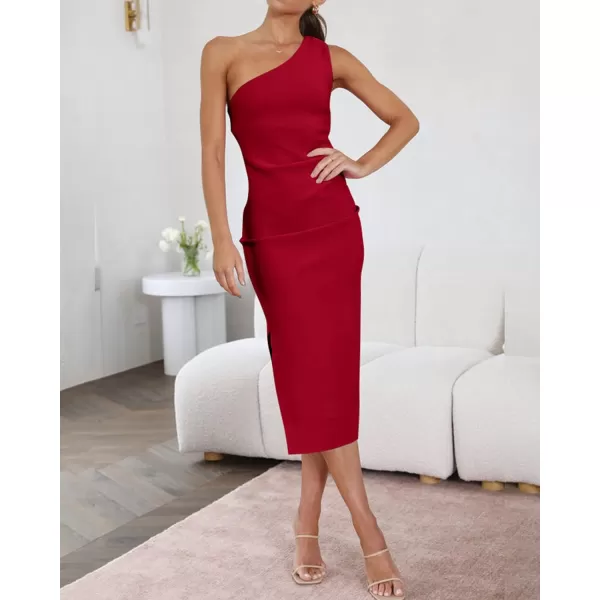 imageBTFBM Women One Shoulder Bodycon Dress 2023 Spring Summer Sleeveless Slit Midi Party Cocktail Wedding Guest Prom DressesSolid Red