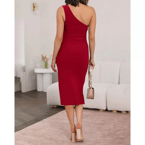 imageBTFBM Women One Shoulder Bodycon Dress 2023 Spring Summer Sleeveless Slit Midi Party Cocktail Wedding Guest Prom DressesSolid Red