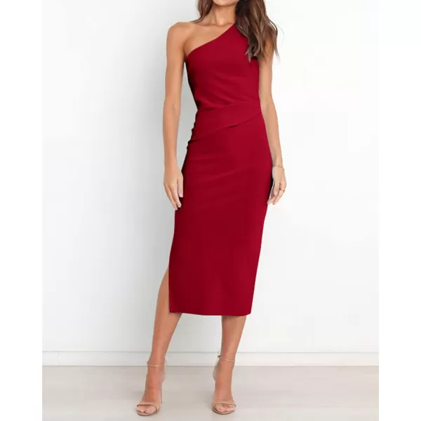 imageBTFBM Women One Shoulder Bodycon Dress 2023 Spring Summer Sleeveless Slit Midi Party Cocktail Wedding Guest Prom DressesSolid Red
