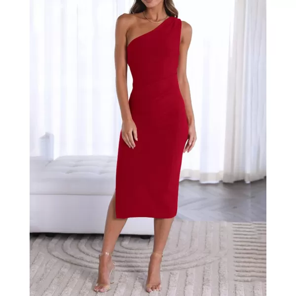 imageBTFBM Women One Shoulder Bodycon Dress 2023 Spring Summer Sleeveless Slit Midi Party Cocktail Wedding Guest Prom DressesSolid Red