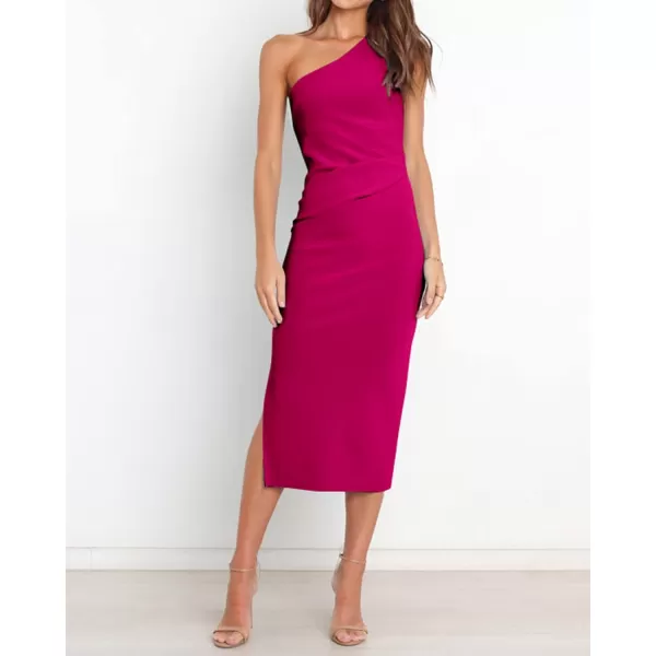 imageBTFBM Women One Shoulder Bodycon Dress 2023 Spring Summer Sleeveless Slit Midi Party Cocktail Wedding Guest Prom DressesSolid Rose Red