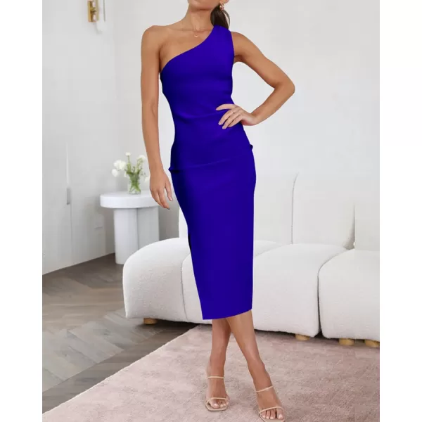 imageBTFBM Women One Shoulder Bodycon Dress 2023 Spring Summer Sleeveless Slit Midi Party Cocktail Wedding Guest Prom DressesSolid Royal Blue
