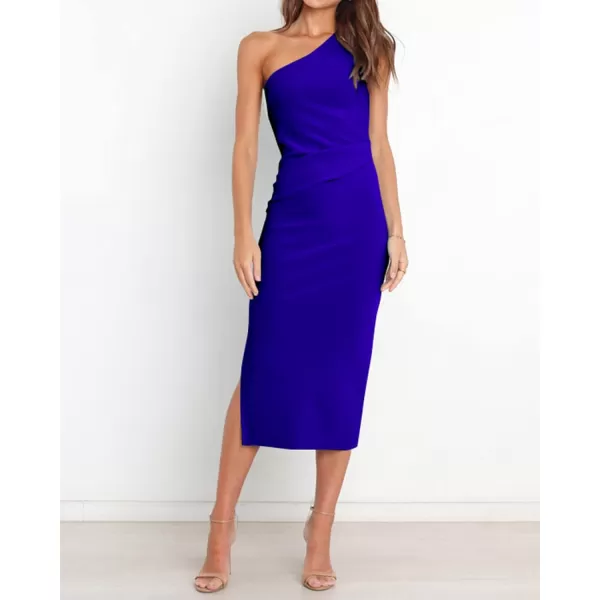 imageBTFBM Women One Shoulder Bodycon Dress 2023 Spring Summer Sleeveless Slit Midi Party Cocktail Wedding Guest Prom DressesSolid Royal Blue