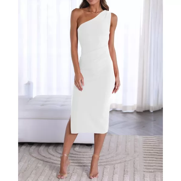 imageBTFBM Women One Shoulder Bodycon Dress 2023 Spring Summer Sleeveless Slit Midi Party Cocktail Wedding Guest Prom DressesSolid White