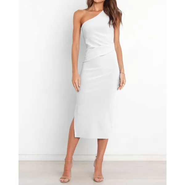 imageBTFBM Women One Shoulder Bodycon Dress 2023 Spring Summer Sleeveless Slit Midi Party Cocktail Wedding Guest Prom DressesSolid White