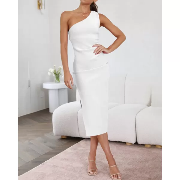 imageBTFBM Women One Shoulder Bodycon Dress 2023 Spring Summer Sleeveless Slit Midi Party Cocktail Wedding Guest Prom DressesSolid White