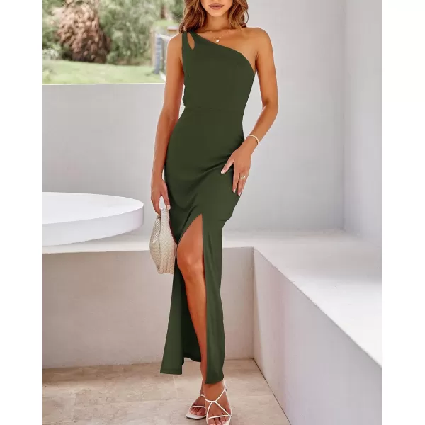 imageBTFBM Women One Shoulder Formal Dresses Cutout Sleeveless Side Split Backless Bodycon Party Cocktail Evening Maxi DressSolid Army Green
