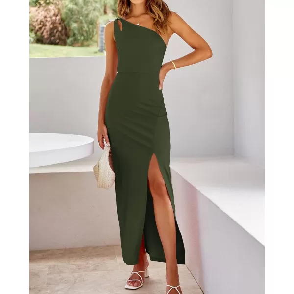 imageBTFBM Women One Shoulder Formal Dresses Cutout Sleeveless Side Split Backless Bodycon Party Cocktail Evening Maxi DressSolid Army Green