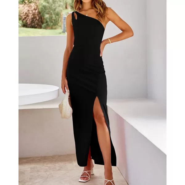 imageBTFBM Women One Shoulder Formal Dresses Cutout Sleeveless Side Split Backless Bodycon Party Cocktail Evening Maxi DressSolid Black