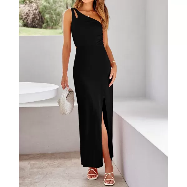 imageBTFBM Women One Shoulder Formal Dresses Cutout Sleeveless Side Split Backless Bodycon Party Cocktail Evening Maxi DressSolid Black