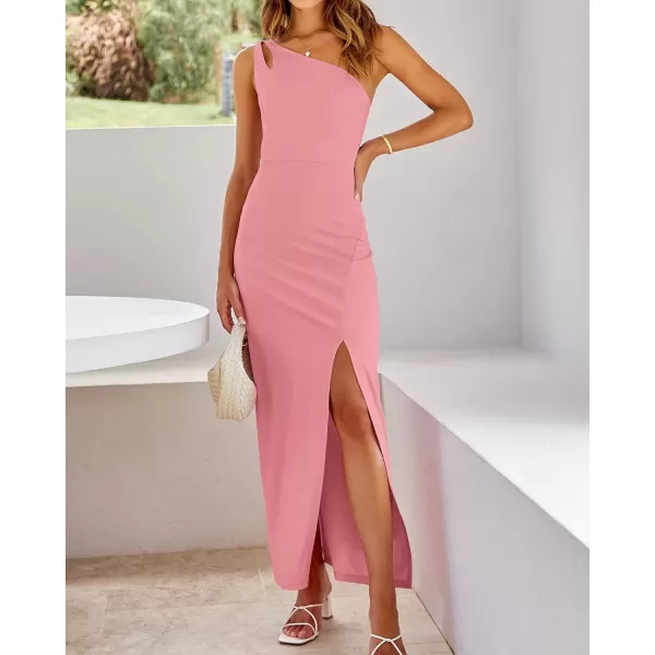 imageBTFBM Women One Shoulder Formal Dresses Cutout Sleeveless Side Split Backless Bodycon Party Cocktail Evening Maxi DressSolid Pink