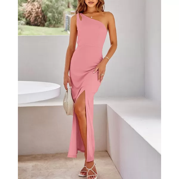 imageBTFBM Women One Shoulder Formal Dresses Cutout Sleeveless Side Split Backless Bodycon Party Cocktail Evening Maxi DressSolid Pink