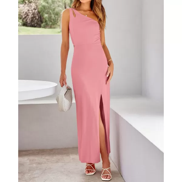 imageBTFBM Women One Shoulder Formal Dresses Cutout Sleeveless Side Split Backless Bodycon Party Cocktail Evening Maxi DressSolid Pink