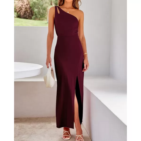 imageBTFBM Women One Shoulder Formal Dresses Cutout Sleeveless Side Split Backless Bodycon Party Cocktail Evening Maxi DressSolid Wine Red