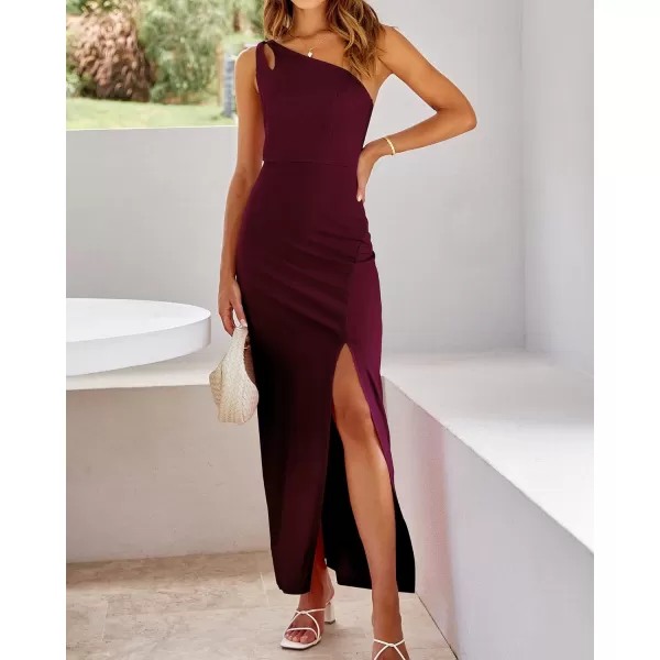 imageBTFBM Women One Shoulder Formal Dresses Cutout Sleeveless Side Split Backless Bodycon Party Cocktail Evening Maxi DressSolid Wine Red