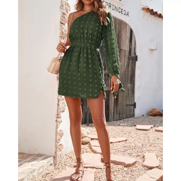 imageBTFBM Women One Shoulder Long Sleeve Casual Summer Dresses 2023 Spring Swiss Dot Split Flowy Short Mini ALine DressDot Army Green