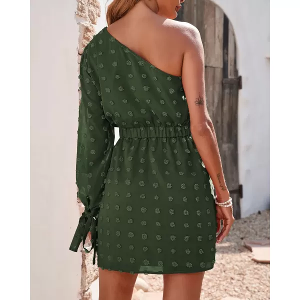 imageBTFBM Women One Shoulder Long Sleeve Casual Summer Dresses 2023 Spring Swiss Dot Split Flowy Short Mini ALine DressDot Army Green