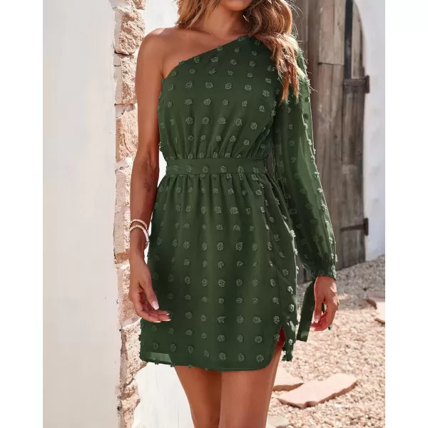 imageBTFBM Women One Shoulder Long Sleeve Casual Summer Dresses 2023 Spring Swiss Dot Split Flowy Short Mini ALine DressDot Army Green