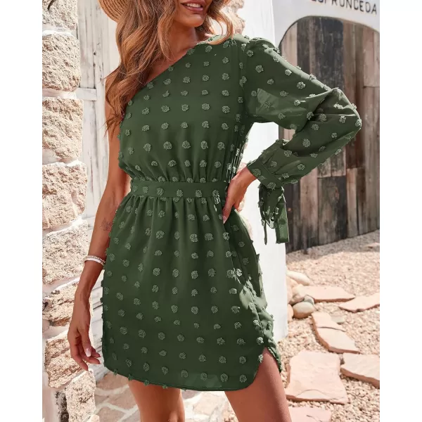 imageBTFBM Women One Shoulder Long Sleeve Casual Summer Dresses 2023 Spring Swiss Dot Split Flowy Short Mini ALine DressDot Army Green