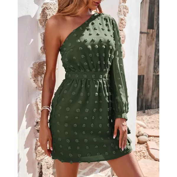 imageBTFBM Women One Shoulder Long Sleeve Casual Summer Dresses 2023 Spring Swiss Dot Split Flowy Short Mini ALine DressDot Army Green
