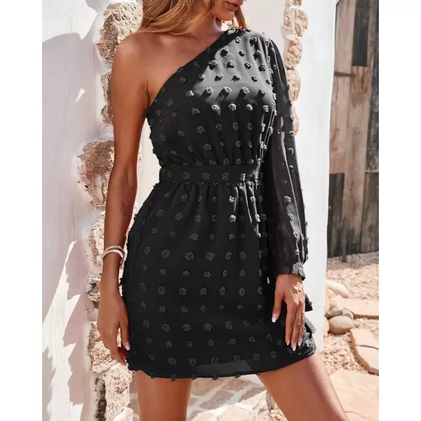 imageBTFBM Women One Shoulder Long Sleeve Casual Summer Dresses 2023 Spring Swiss Dot Split Flowy Short Mini ALine DressDot Black