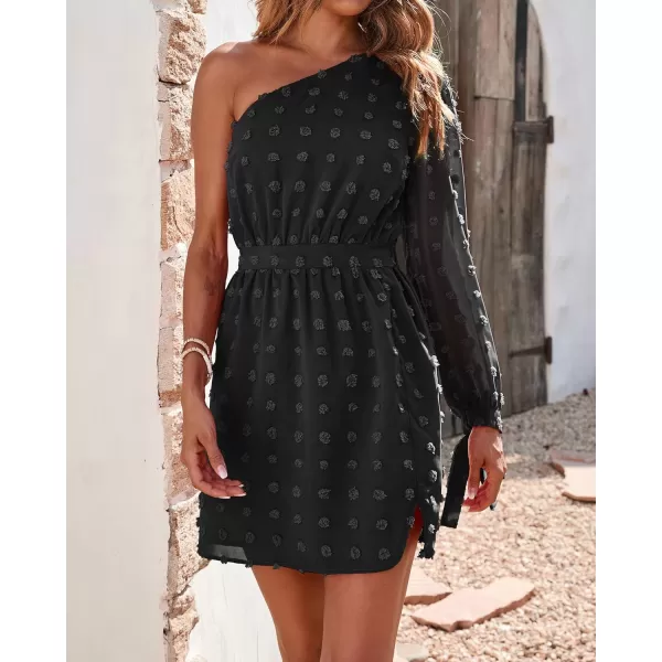 imageBTFBM Women One Shoulder Long Sleeve Casual Summer Dresses 2023 Spring Swiss Dot Split Flowy Short Mini ALine DressDot Black