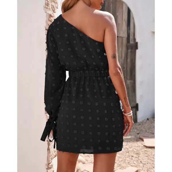 imageBTFBM Women One Shoulder Long Sleeve Casual Summer Dresses 2023 Spring Swiss Dot Split Flowy Short Mini ALine DressDot Black