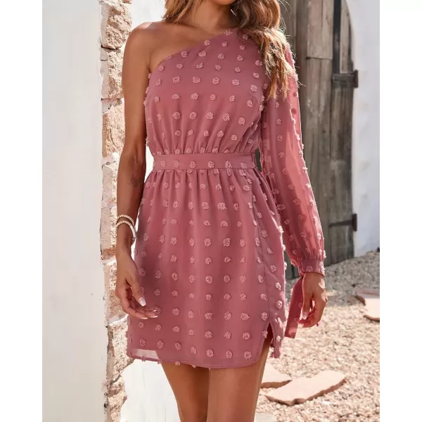 imageBTFBM Women One Shoulder Long Sleeve Casual Summer Dresses 2023 Spring Swiss Dot Split Flowy Short Mini ALine DressDot Dark Pink