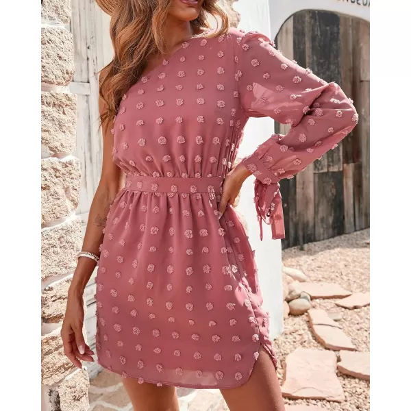 imageBTFBM Women One Shoulder Long Sleeve Casual Summer Dresses 2023 Spring Swiss Dot Split Flowy Short Mini ALine DressDot Dark Pink