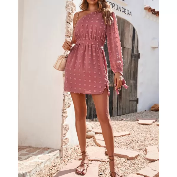 imageBTFBM Women One Shoulder Long Sleeve Casual Summer Dresses 2023 Spring Swiss Dot Split Flowy Short Mini ALine DressDot Dark Pink